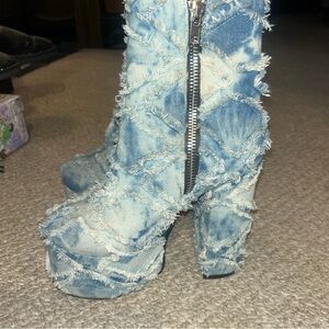 Frayed Denim Platform Boots